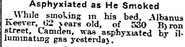 Philadelphia Inquirer, December 9, 1916 — Albanus Keever asphyxiated at 530 Byron Street