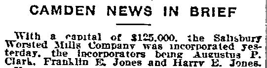Philadelphia Inquirer, February 10, 1914 — Salisbury Worsted Mills Company incorporated