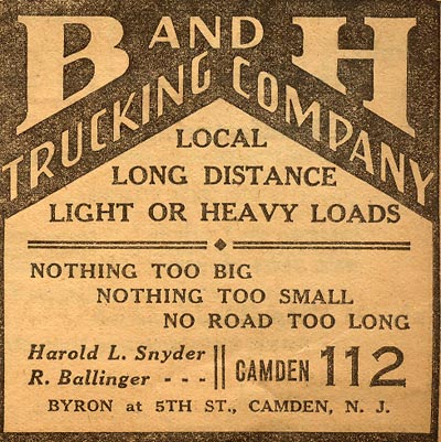 B and H Trucking Company, New Jersey Bell Telephone Directory, 1936