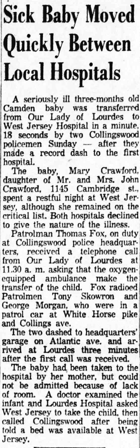 Sick Baby Moved Quickly Between Local Hospitals, Camden Courier-Post, January 3, 1955