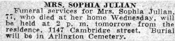 Mrs. Sophia Julian obituary, Camden Courier-Post, June 30, 1933