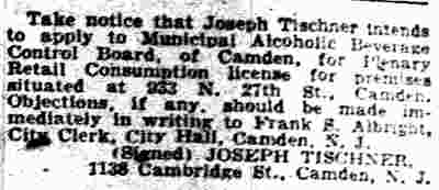 Joseph Tischner Liquor License Application, Camden Courier-Post, January 16, 1934