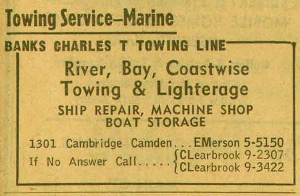 Charles T. Banks Towing Line advertisement, 1301 Cambridge Avenue, NJ Bell Yellow Pages, 1955
