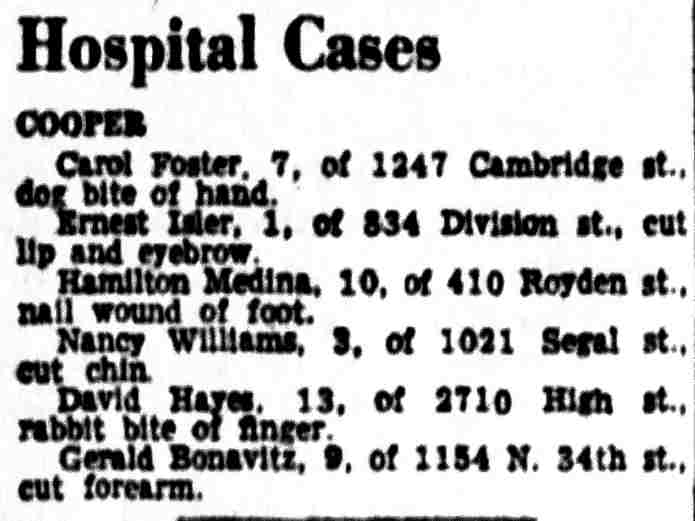 Hospital Cases, Cooper Hospital, Camden Courier-Post, September 20, 1957