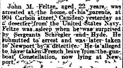 Feltze arrested as Navy deserter — Philadelphia Inquirer, August 2, 1905