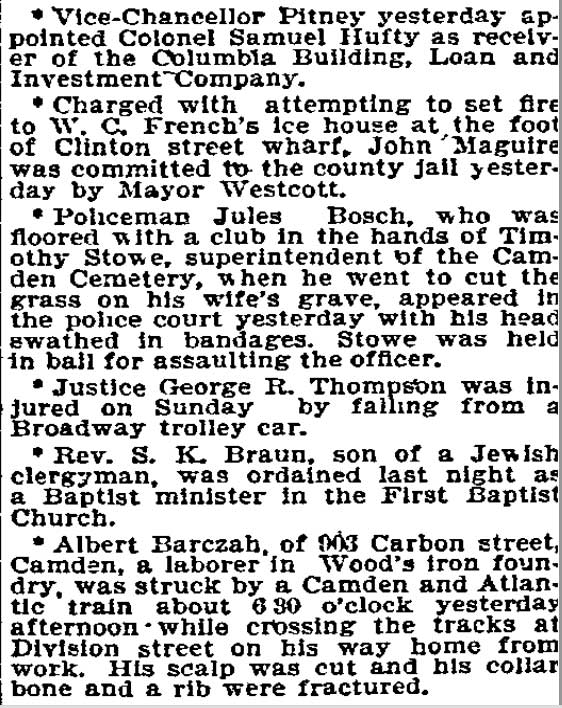 Albert Barczah injured at Division Street crossing — Philadelphia Inquirer, June 18, 1895