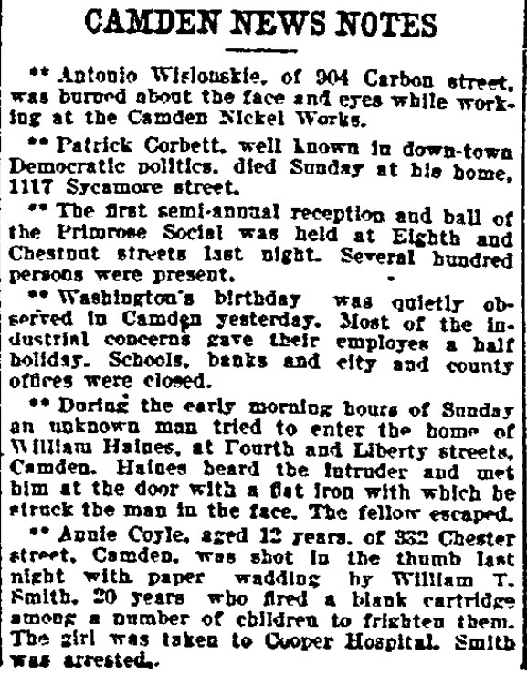 Camden News Notes — Philadelphia Inquirer, February 24, 1903