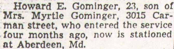 Howard E. Gominger military notice, Camden Courier-Post, August 15, 1945