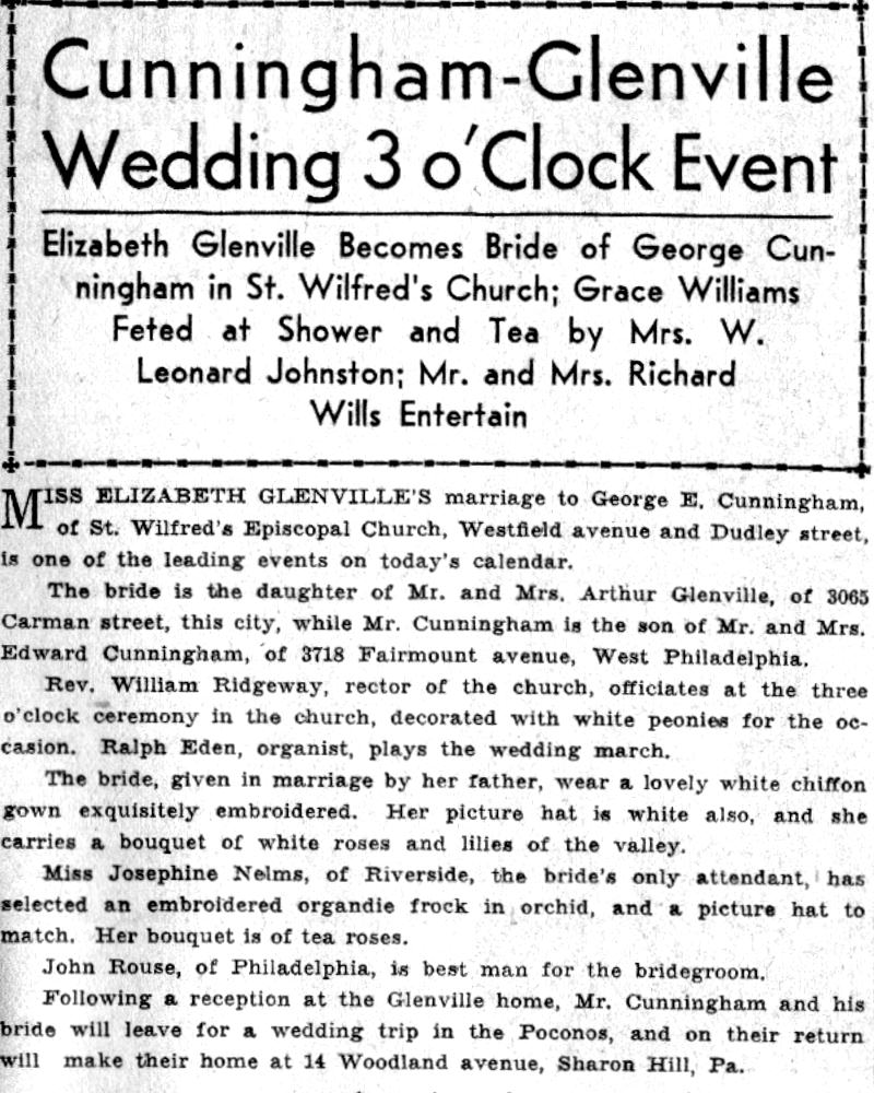 Cunningham-Glenville Wedding announcement, Camden Courier-Post, June 4, 1932