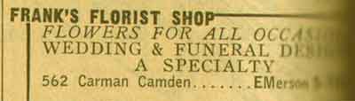 562 Carman Street, Frank's Florist Shop, 1955 New Jersey Bell Yellow Pages