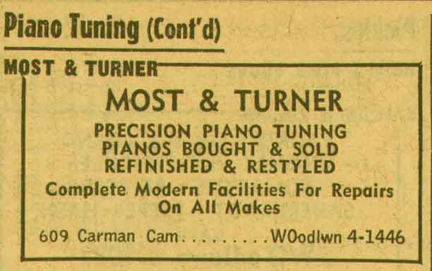 609 Carman Street, Most and Turner piano tuners, 1955 New Jersey Bell Yellow Pages