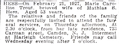 Mathias S. Hess and Marie C. Trout Hess obituary, Camden Courier-Post, February 22, 1927