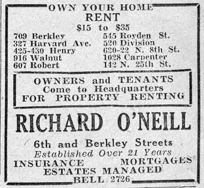 Boxed newspaper advertisement for Richard O'Neill real estate, 6th and Berkley Streets, listing rental properties at $15 to $35