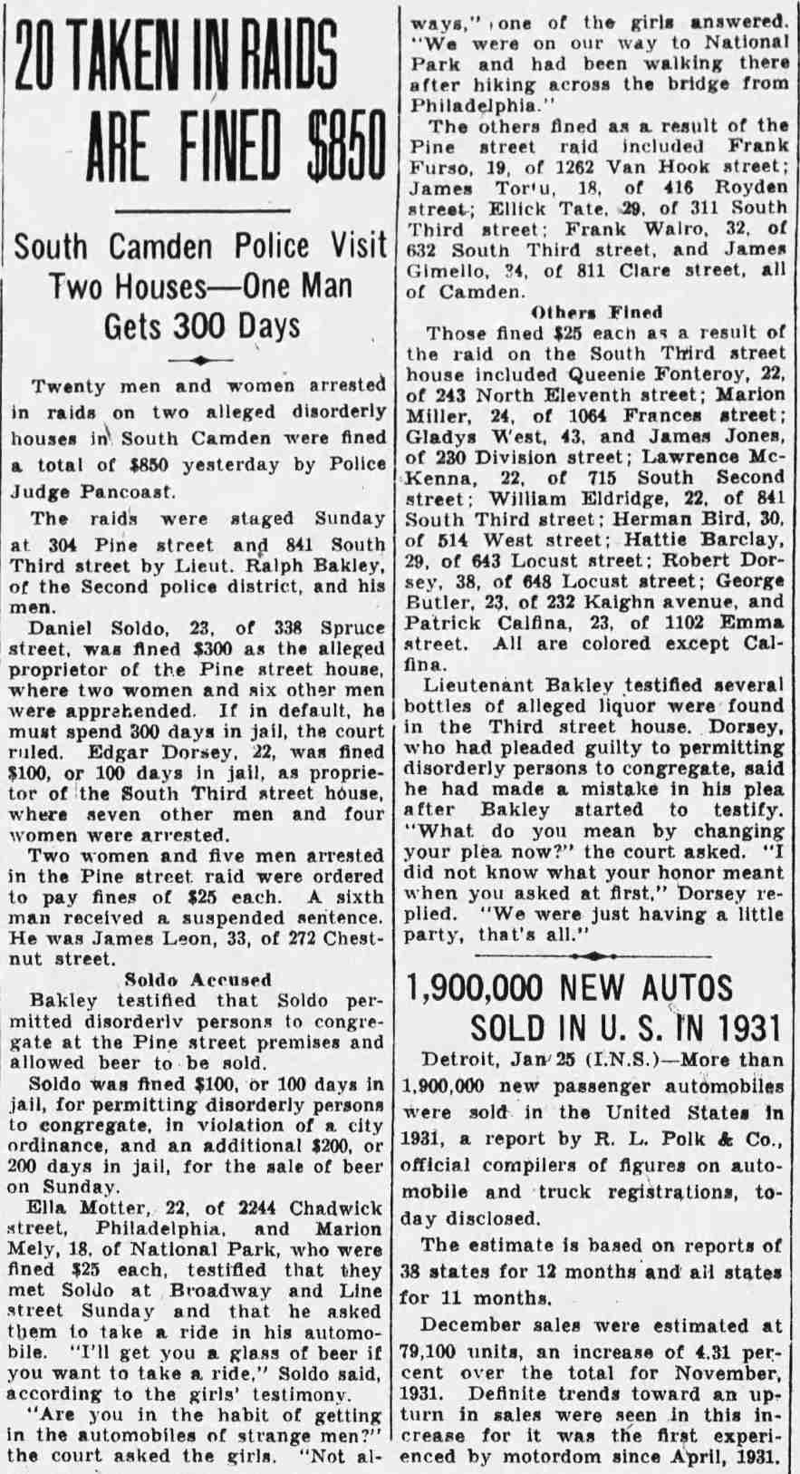 20 Taken in Raids Are Fined $850, Camden Courier-Post, January 26, 1932