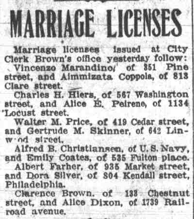 Marriage Licenses — Aimmizata Coppola, 813 Clare Street, Camden Post-Telegram, March 2, 1915