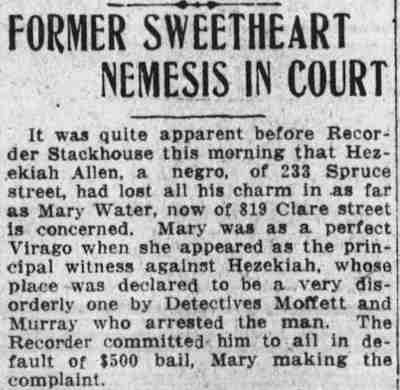 Former Sweetheart Nemesis in Court — Mary Water, 819 Clare Street, Camden Post-Telegram, January 17, 1914