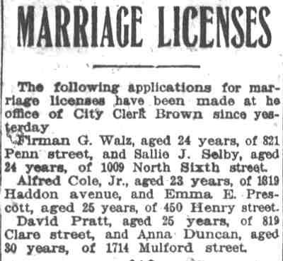 Marriage Licenses — David Pratt, 819 Clare Street, Camden Post-Telegram, March 30, 1918