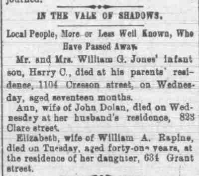 In the Vale of Shadows — Ann Dolan, 823 Clare Street, Camden Daily Courier, June 12, 1896