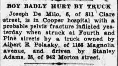 Boy Badly Hurt by Truck — Joseph De Milo, 811 Clare Street, Camden Courier-Post, February 4, 1932