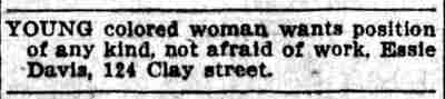 Want Ad — Essie Davis, 124 Clay Street, Camden Post-Telegram, October 29, 1909