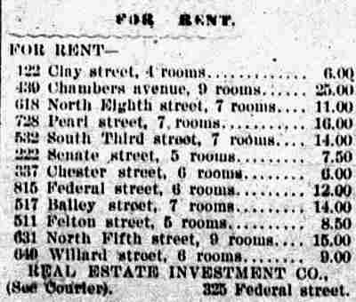For Rent — 122 Clay Street, Camden Daily Telegram, October 9, 1895
