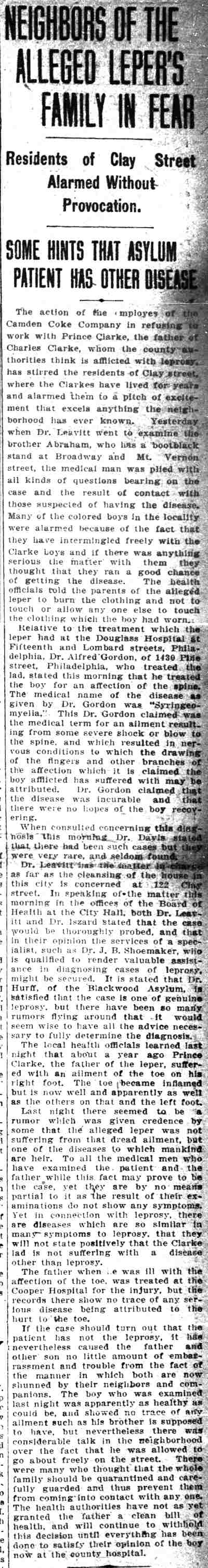 Neighbors of the Alleged Leper's Family in Fear — Camden Daily Courier, October 14, 1908
