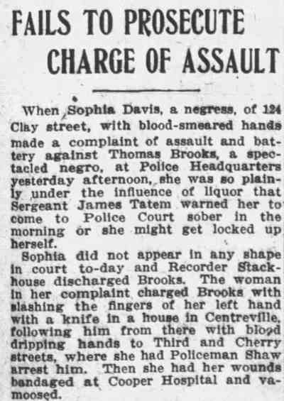 Fails to Prosecute Charge of Assault — Sophia Davis, 124 Clay Street, Camden Post-Telegram, December 22, 1909