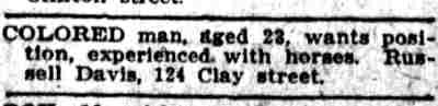 Want Ad — Russell Davis, 124 Clay Street, Camden Post-Telegram, November 1, 1909