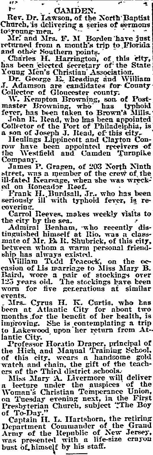 Camden News column, Philadelphia Inquirer, February 18, 1894, mentioning residents of 429 Cooper Street