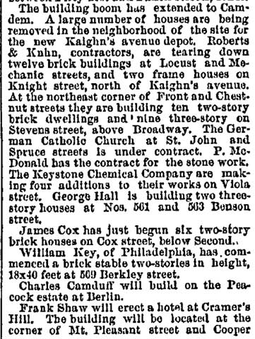 Building Boom in Camden — Philadelphia Inquirer, June 7, 1888