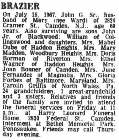 Brazier obituary — Camden Courier-Post, July 20, 1967