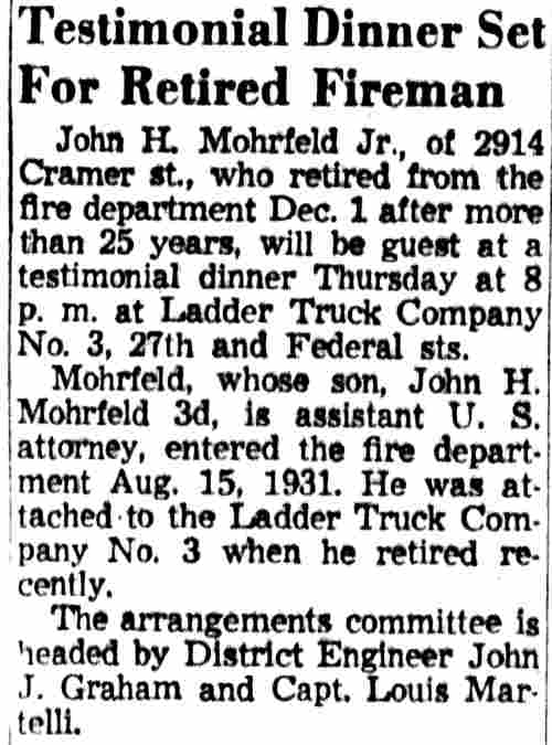 Testimonial Dinner Set For Retired Fireman — Camden Courier-Post, January 22, 1957