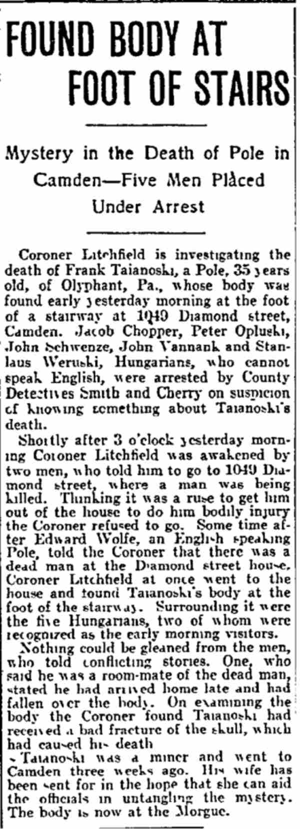 Found Body at Foot of Stairs — 1049 Diamond Street — Philadelphia Inquirer, September 29, 1902