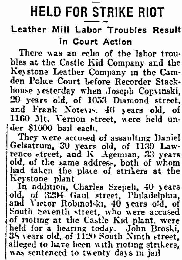 Held for Strike Riot — Joseph Copvinski, 1053 Diamond Street — Philadelphia Inquirer, June 16, 1915