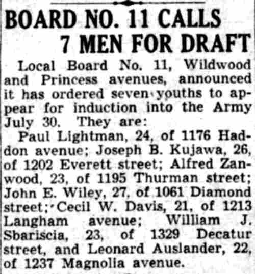 Board No. 11 Calls 7 Men for Draft — John E. Wiley, 1061 Diamond Street — Camden Courier-Post, July 24, 1941