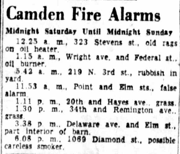 Camden Fire Alarms — 1069 Diamond Street — Camden Courier-Post, February 1, 1954