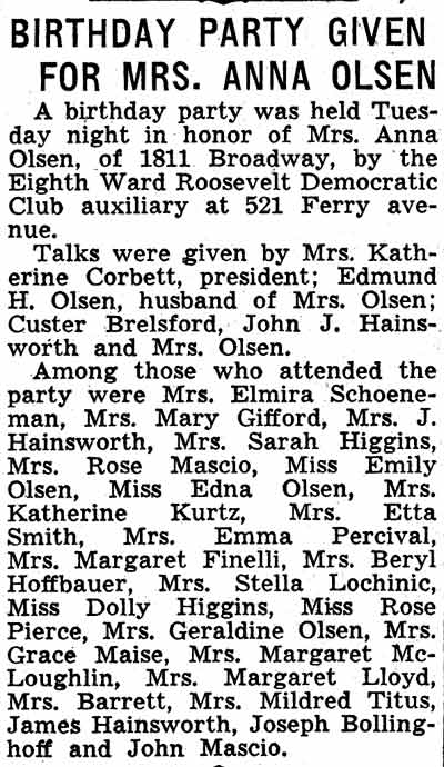 Birthday Party Given for Mrs. Anna Olsen