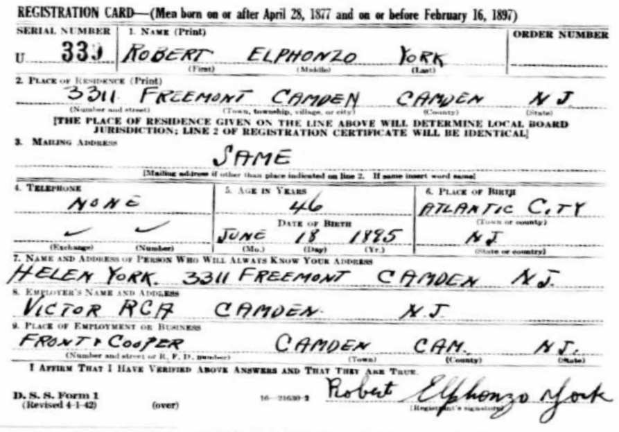 World War II Draft Registration Card for Robert Elphonzo York, 3311 Fremont, Camden, NJ