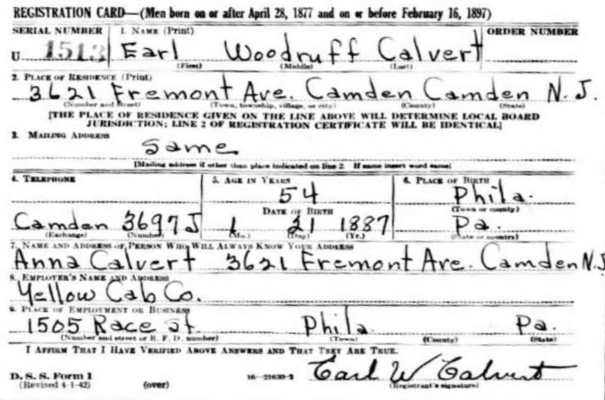 World War II Draft Registration Card for Earl Woodruff Calvert, 3621 Fremont Ave., Camden, NJ