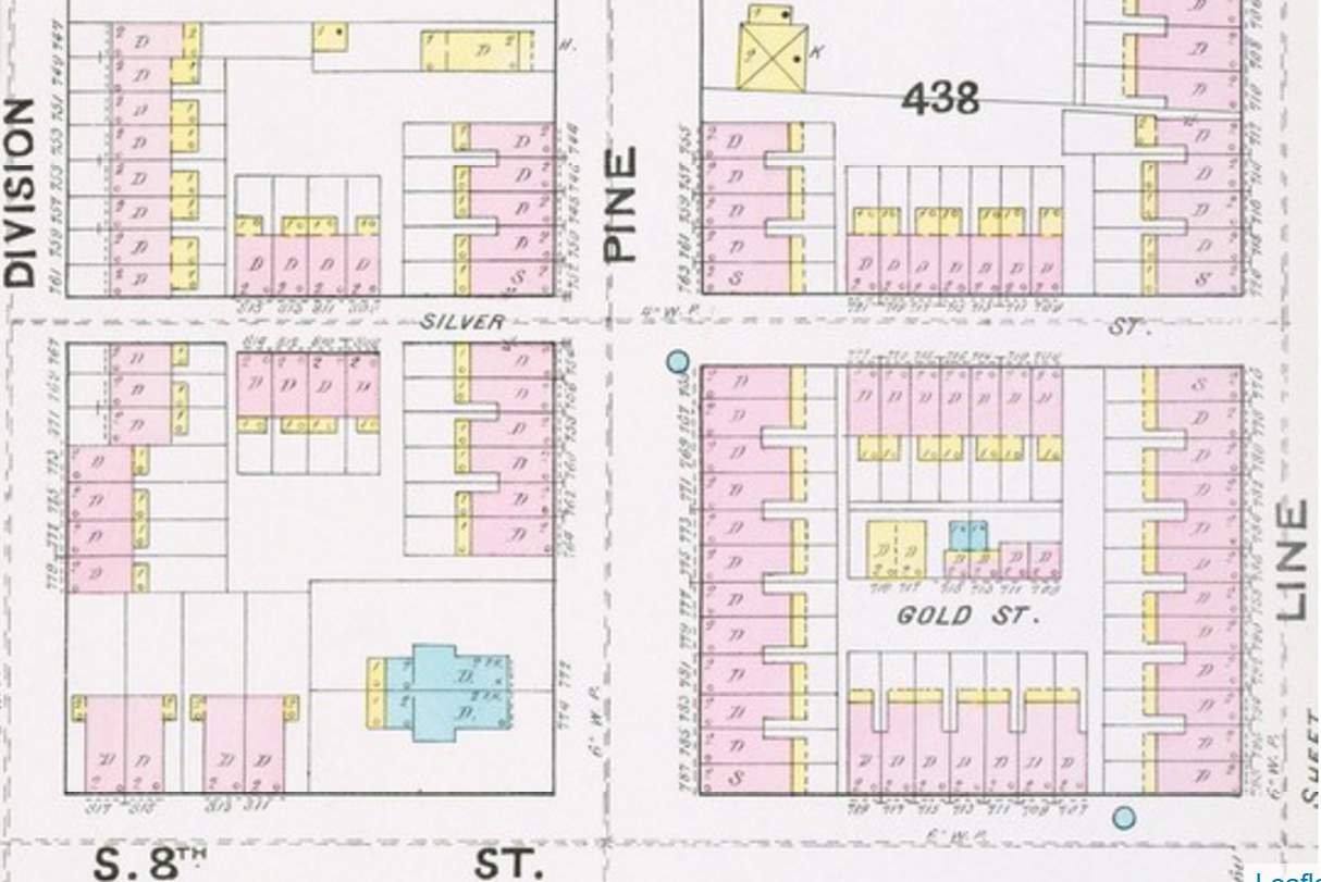 1891 Sanborn fire insurance map showing Gold Street and surrounding area