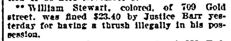 Philadelphia Inquirer news brief, October 23, 1903 — William Stewart of 709 Gold Street fined for illegal possession of a thrush