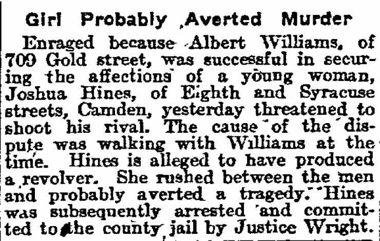 Philadelphia Inquirer clipping, June 12, 1911 — "Girl Probably Averted Murder," dispute involving Albert Williams of 709 Gold Street