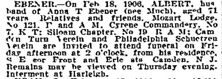 Albert Ebener obituary, Philadelphia Inquirer, February 20, 1906