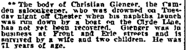 Body of Christian Gienger not recovered, Philadelphia Inquirer, September 2, 1909