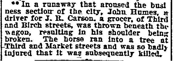 John Humes injured in a runaway, Philadelphia Inquirer, November 17, 1907