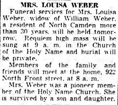 Mrs. Louisa Weber obituary, Camden Courier-Post, June 9, 1938