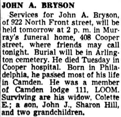 John A. Bryson obituary, Camden Courier-Post, September 2, 1948