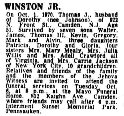 Thomas J. Winston Jr. death notice, Camden Courier-Post, October 5, 1970