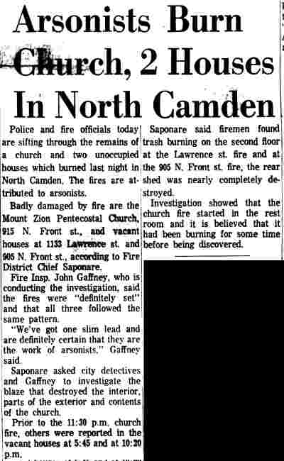 Arsonists burn church at 915 North Front Street, Camden Courier-Post, August 17, 1963