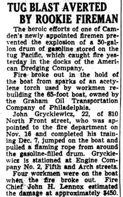 Newspaper clipping: Tug Blast Averted by Rookie Fireman